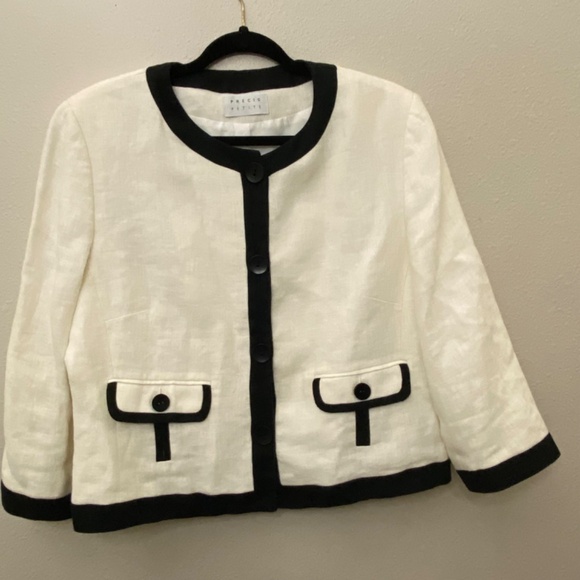 Vintage Precis Petite White and Black 100% Linen Blazer Jacket - Picture 2 of 11